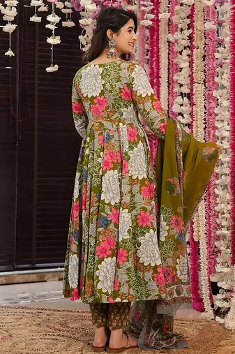 Mehendi digital printed muslin cotton stitched anarkali set with dupatta