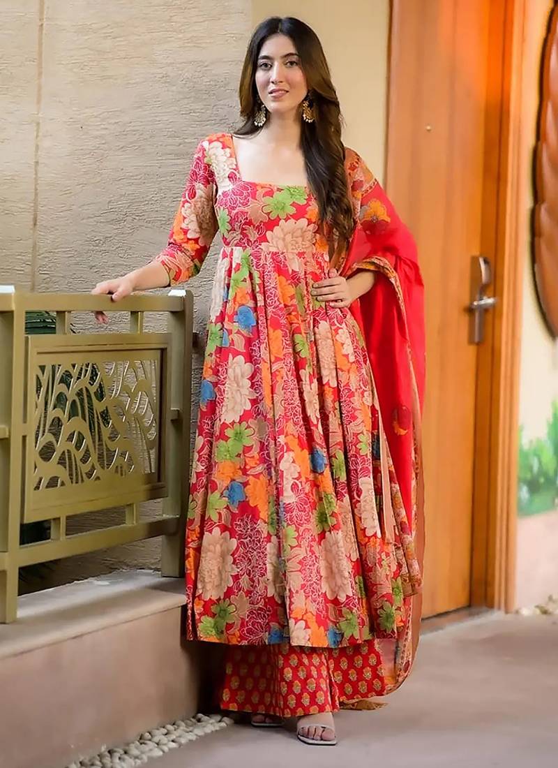 Multicolor digital printed muslin cotton stitched anarkali set with dupatta