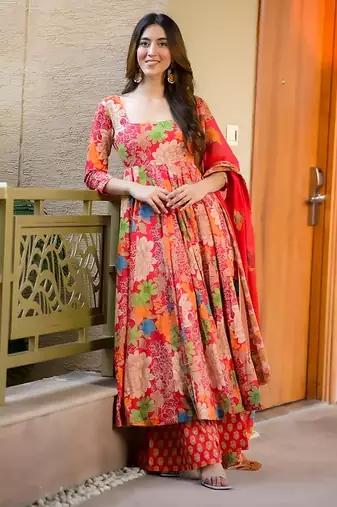 Multicolor digital printed muslin cotton stitched anarkali set with dupatta