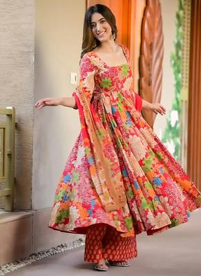 Multicolor digital printed muslin cotton stitched anarkali set with dupatta 3