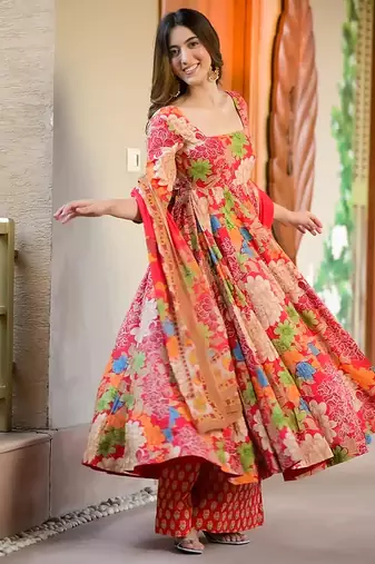 Multicolor digital printed muslin cotton stitched anarkali set with dupatta