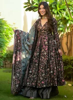 Black digital printed muslin cotton stitched anarkali set with dupatta 1