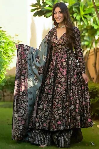 Black digital printed muslin cotton stitched anarkali set with dupatta