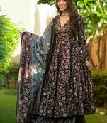 Black digital printed muslin cotton stitched anarkali set with dupatta