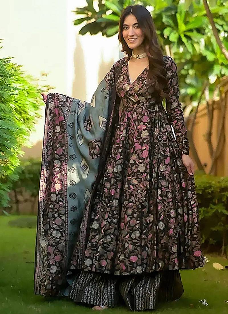 Black digital printed muslin cotton stitched anarkali set with dupatta