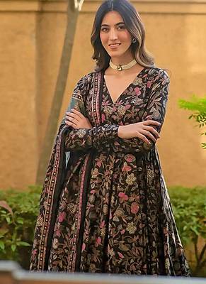 Black digital printed muslin cotton stitched anarkali set with dupatta 2