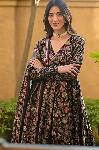 Black digital printed muslin cotton stitched anarkali set with dupatta