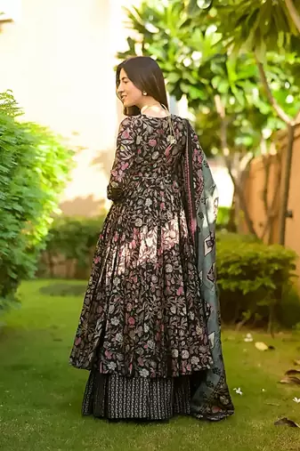 Black digital printed muslin cotton stitched anarkali set with dupatta