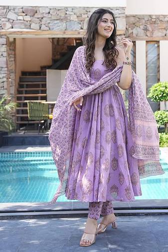 Purple digital printed muslin cotton stitched anarkali set with dupatta