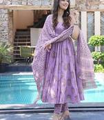 Purple digital printed muslin cotton stitched anarkali set with dupatta