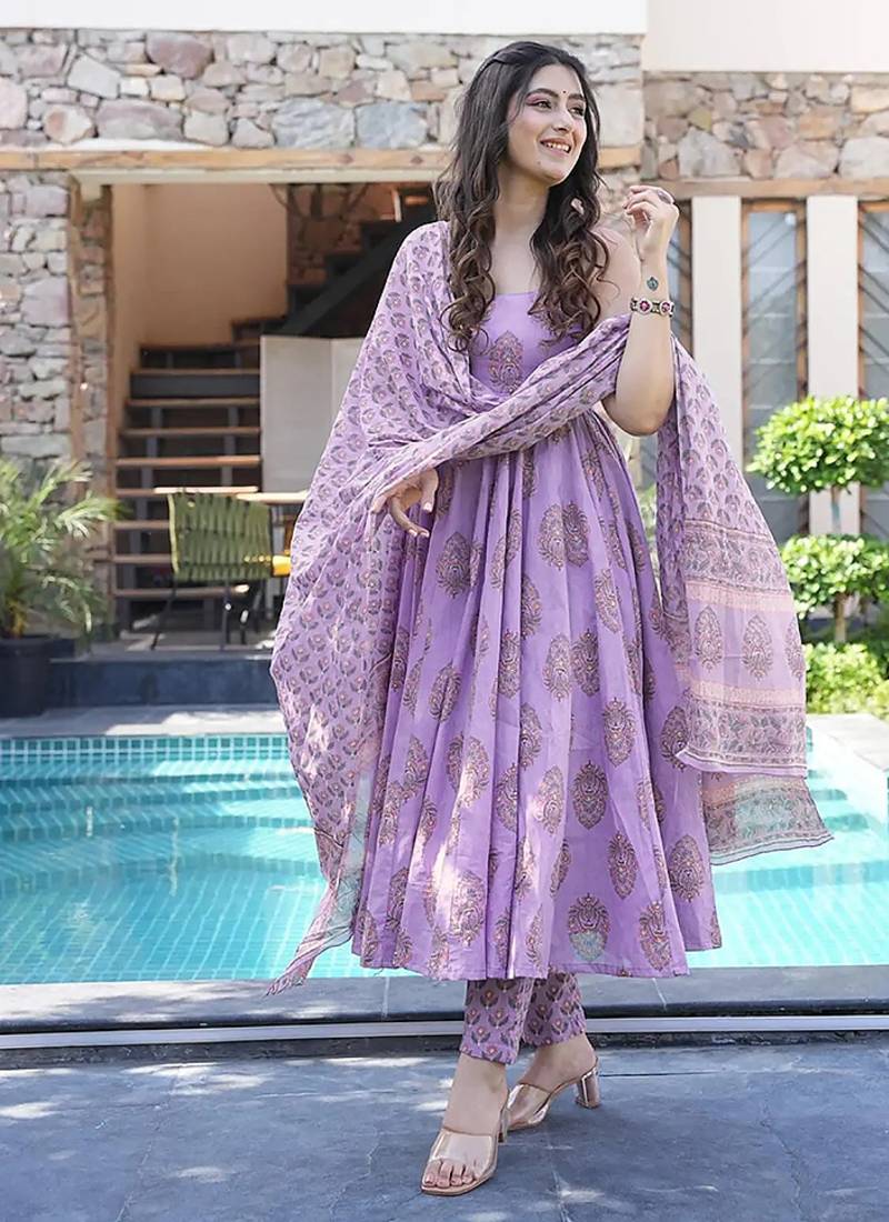 Purple digital printed muslin cotton stitched anarkali set with dupatta