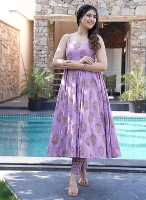 Purple digital printed muslin cotton stitched anarkali set with dupatta 2