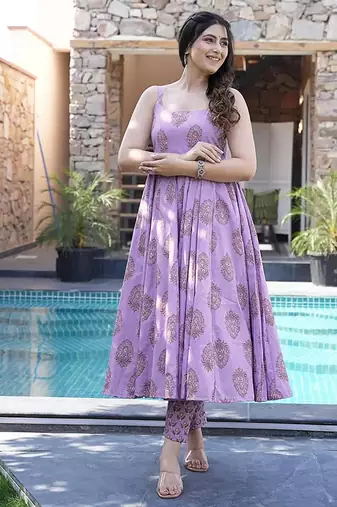 Purple digital printed muslin cotton stitched anarkali set with dupatta
