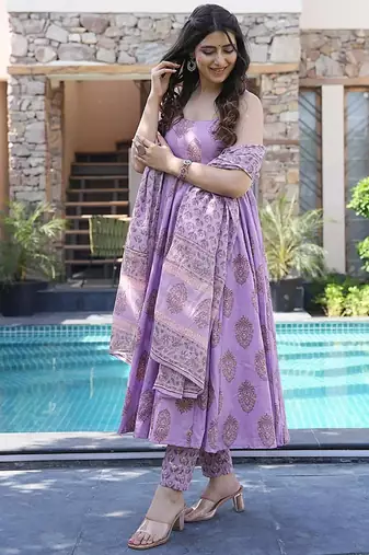 Purple digital printed muslin cotton stitched anarkali set with dupatta