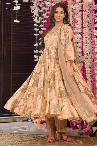 Peach digital printed muslin cotton stitched anarkali set with dupatta