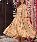Peach digital printed muslin cotton stitched anarkali set with dupatta