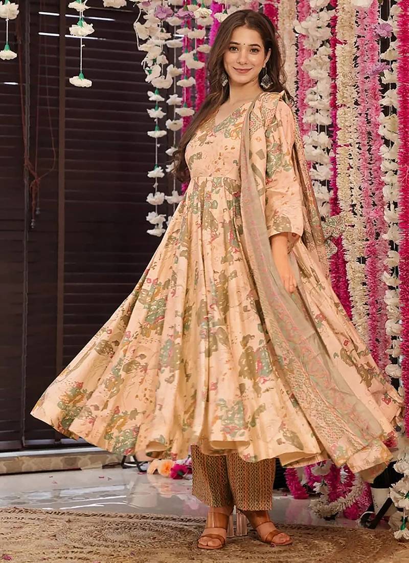 Peach digital printed muslin cotton stitched anarkali set with dupatta