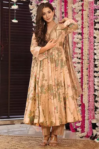 Peach digital printed muslin cotton stitched anarkali set with dupatta
