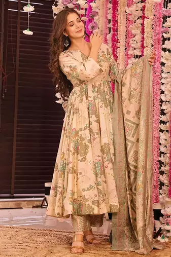 Peach digital printed muslin cotton stitched anarkali set with dupatta