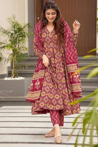 Burgundy digital printed muslin cotton stitched anarkali set with dupatta