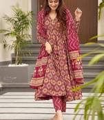 Burgundy digital printed muslin cotton stitched anarkali set with dupatta