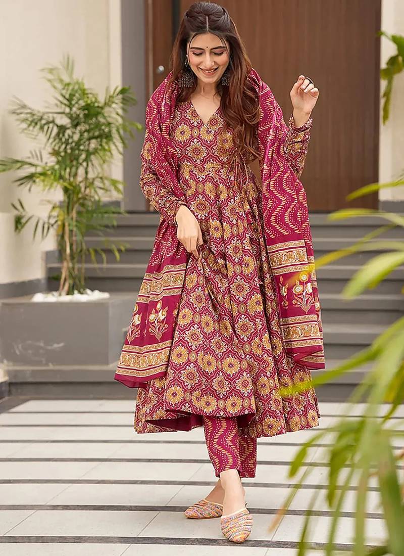 Burgundy digital printed muslin cotton stitched anarkali set with dupatta