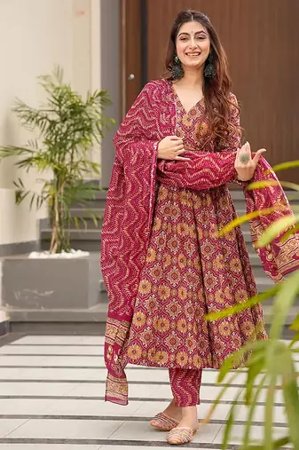 Burgundy digital printed muslin cotton stitched anarkali set with dupatta