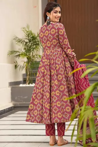 Burgundy digital printed muslin cotton stitched anarkali set with dupatta