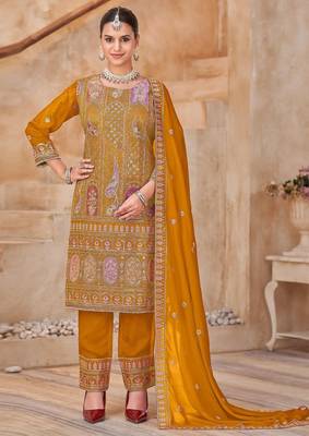 Mustard vichitra silk readymade suit with embroidered lace  1