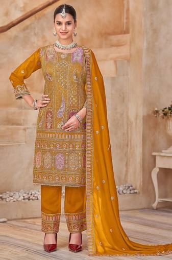 Mustard vichitra silk readymade suit with embroidery & lace work