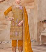 Mustard vichitra silk readymade suit with embroidery & lace work