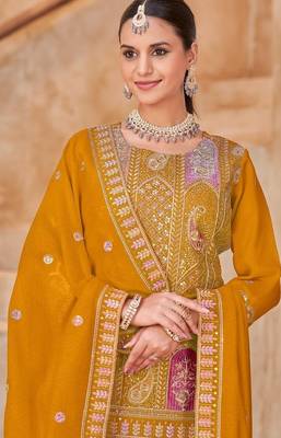 Mustard vichitra silk readymade suit with embroidered lace  2