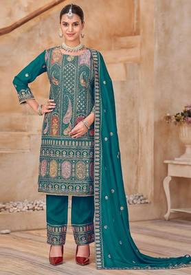 Teal vichitra silk readymade suit with embroidered lace  1