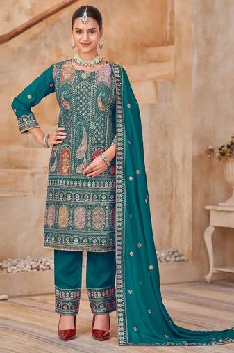 Teal vichitra silk readymade suit with embroidery & lace work