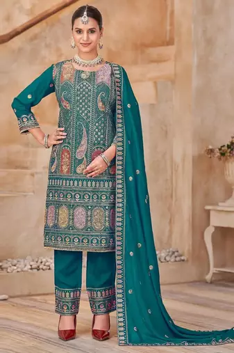 Teal vichitra silk readymade suit with embroidery & lace work