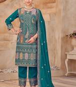 Teal vichitra silk readymade suit with embroidery & lace work