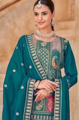 Teal vichitra silk readymade suit with embroidered lace  2