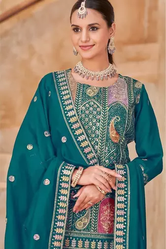 Teal vichitra silk readymade suit with embroidered lace 