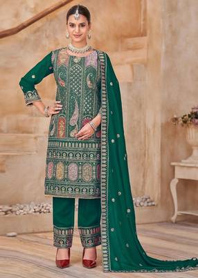 Green vichitra silk readymade suit with embroidered lace  1