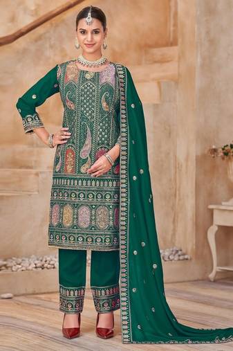 Green vichitra silk readymade suit with embroidery & lace work