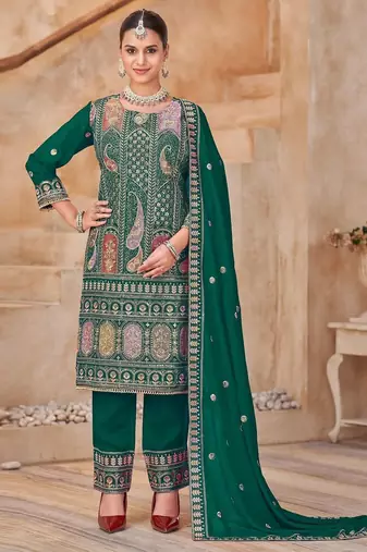 Green vichitra silk readymade suit with embroidery & lace work
