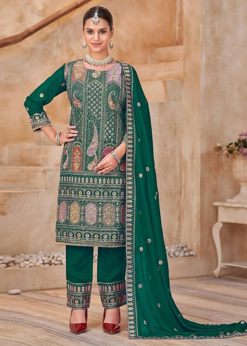 Green vichitra silk readymade suit with embroidery & lace work