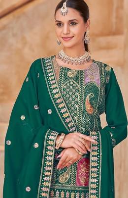 Green vichitra silk readymade suit with embroidered lace  2