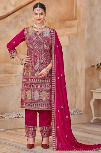 Rani pink vichitra silk readymade suit with embroidery & lace work
