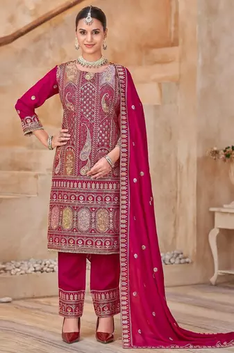 Rani pink vichitra silk readymade suit with embroidery & lace work