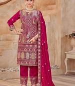 Rani pink vichitra silk readymade suit with embroidery & lace work
