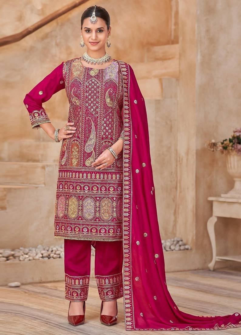 Rani pink vichitra silk readymade suit with embroidery & lace work