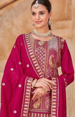 Rani pink vichitra silk readymade suit with embroidered lace  2