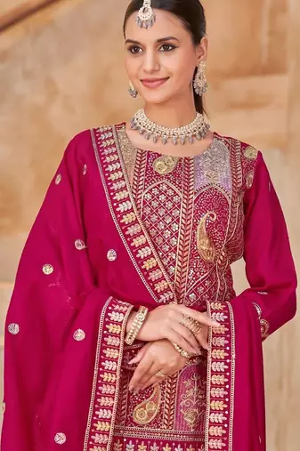 Rani pink vichitra silk readymade suit with embroidered lace 