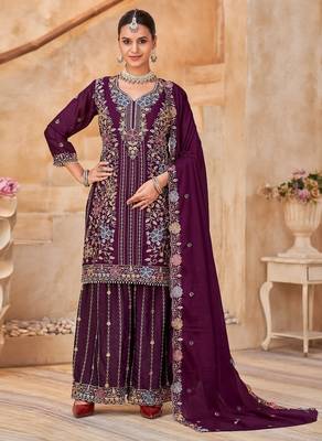 Maroon vichitra silk readymade plazzo suit with embroidered lace  1
